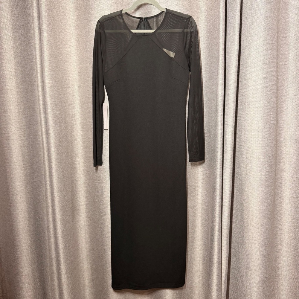 Dolan Anthropologie Dress Womens S Black NWT Mesh Yoke Long Sleeve Midi Slit